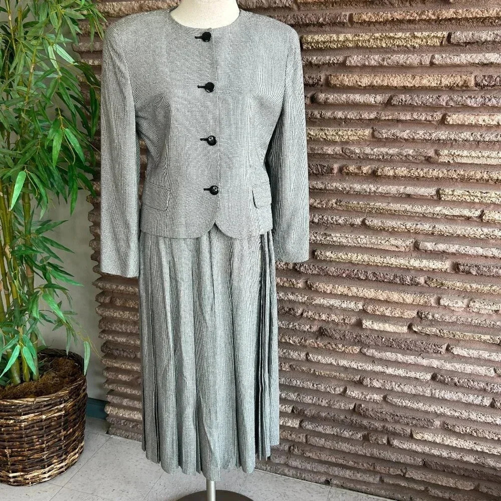 Christian Dior The Suit Vintage 80s Black Houndstooth Plaid Pleated Skirt Suit - Picture 2 of 8